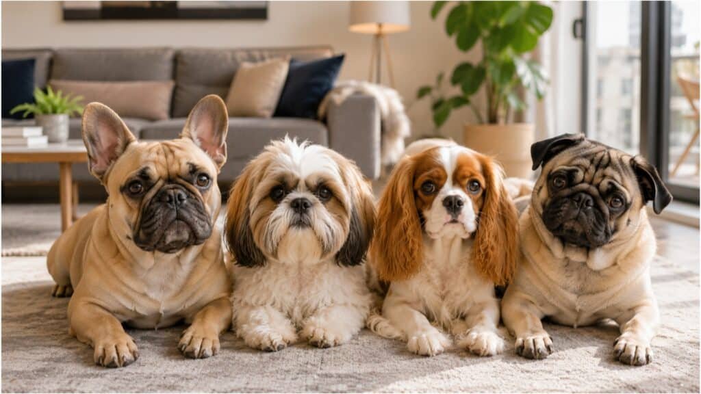 Apartment-friendly dog breeds relaxing inside a modern apartment.