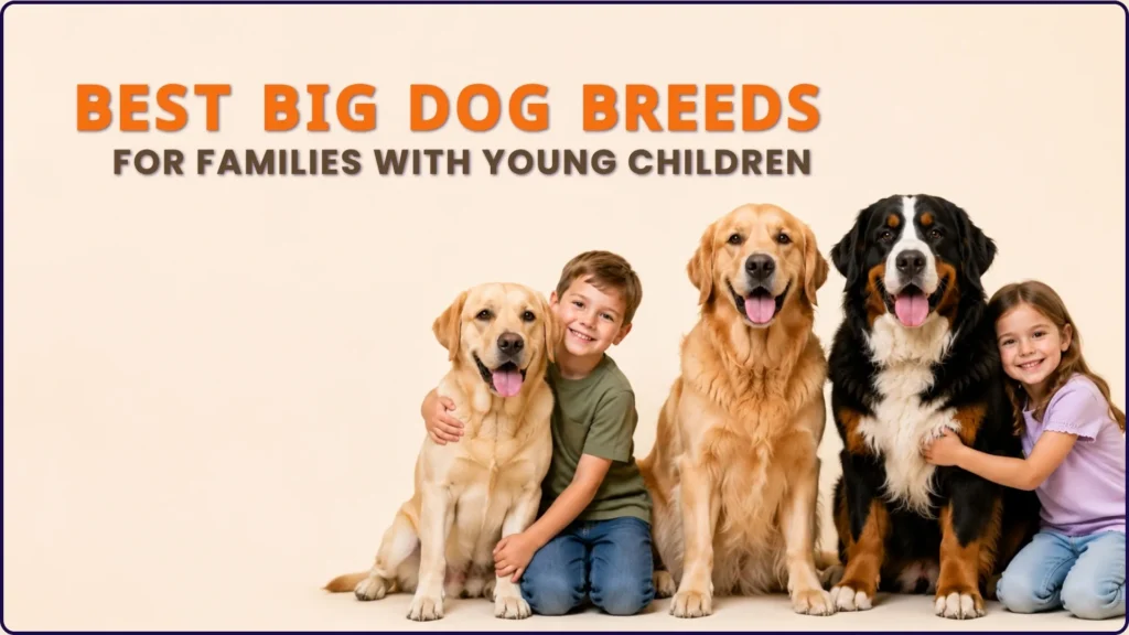 "Golden Retriever best family dog breed sitting gently with young child outdoors"
