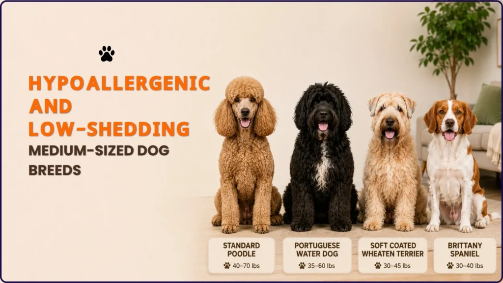 Best Hypoallergenic and Low-Shedding Medium Size Dog Breeds, Standard Poodle (40–70 lbs), Portuguese Water Dog (35–60 lbs), Soft Coated Wheaten Terrier (30–45 lbs), Brittany Spaniel (30–40 lbs).