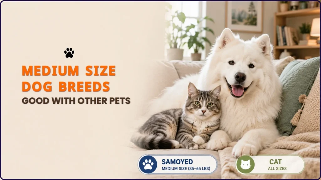 Samoyed and cat resting together on a couch indoors. "Samoyed medium size dog breed getting along with a cat showing multi-pet household compatibility.