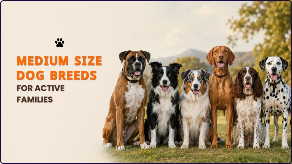 Best Medium Size Dog Breeds for Active Families. Boxer (50–70 lbs, Border Collie (30–55 lbs), Australian Shepherd (40–65 lbs), Vizsla (44–60 lbs), English Springer Spaniel (40–50 lbs), Dalmatian (45–70 lbs).