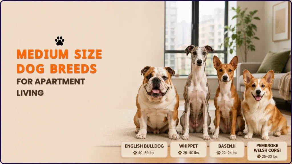 Best Medium Size Dog Breeds for Apartment Living, English Bulldog (40–50 lbs), Whippet (25–40 lbs), Basenji (22–24 lbs), Pembroke Welsh Corgi (25–30 lbs).