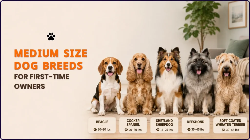 Best Medium Size Dog Breeds for First-Time Owners, Beagle (20–30 lbs), Cocker Spaniel (20–30 lbs), Shetland Sheepdog (15–25 lbs), Keeshond (35–45 lbs), Soft Coated Wheaten Terrier (30–45 lbs).