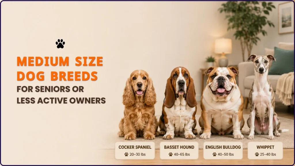 Best Medium Size Dog Breeds for Seniors or Less Active Owners, Cocker Spaniel (20–30 lbs), Basset Hound (40–65 lbs), English Bulldog (40–50 lbs), Whippet (25–40 lbs).
