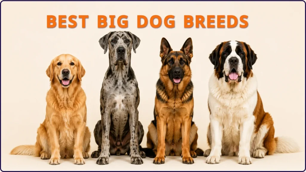 Best big dog breeds comparison showing Golden Retriever Great Dane German Shepherd and Saint Bernard"