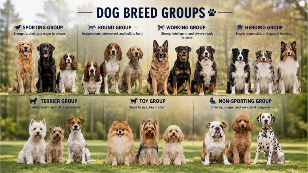 Complete Dogs Breeds Guide: Different dog breed groups including sporting, hound, working, herding, terrier, toy and non-sporting dogs.