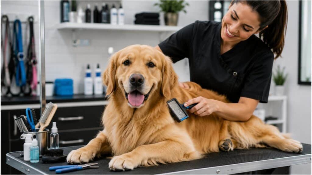 Dog grooming session showing proper coat care and maintenance.