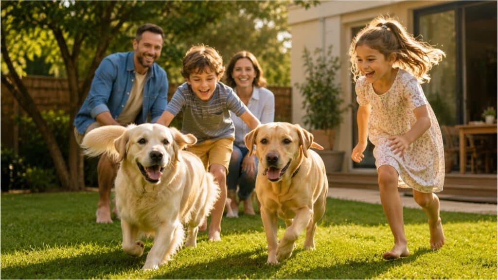 Family-friendly dog breeds playing with children in a backyard.