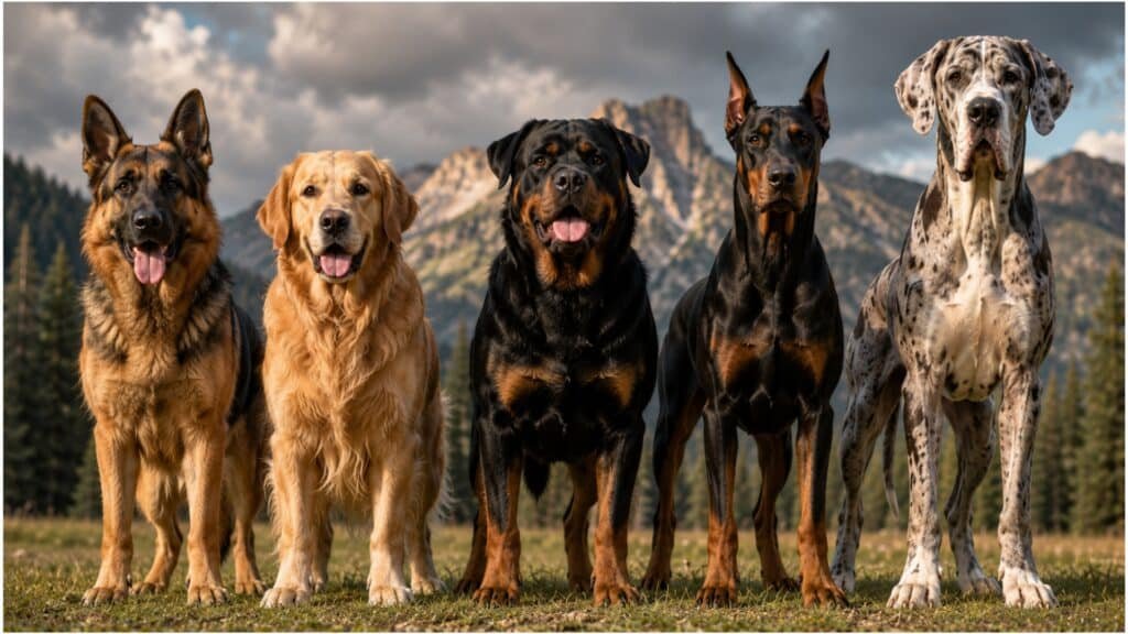 Large dog breeds including German Shepherd, Golden Retriever, Rottweiler, Doberman and Great Dane.