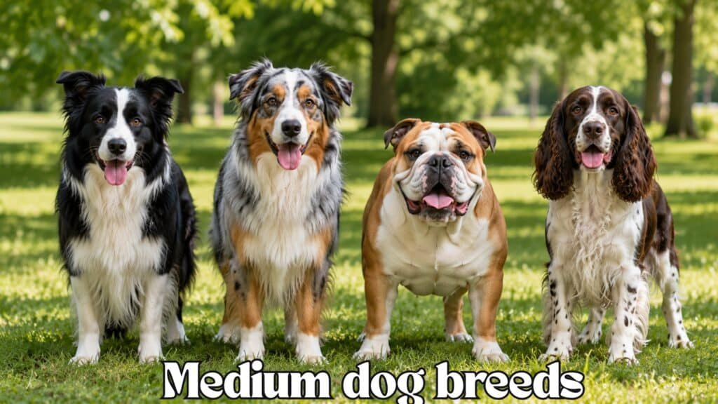Popular medium dog breeds including Border Collie, Australian Shepherd, Bulldog and Springer Spaniel.