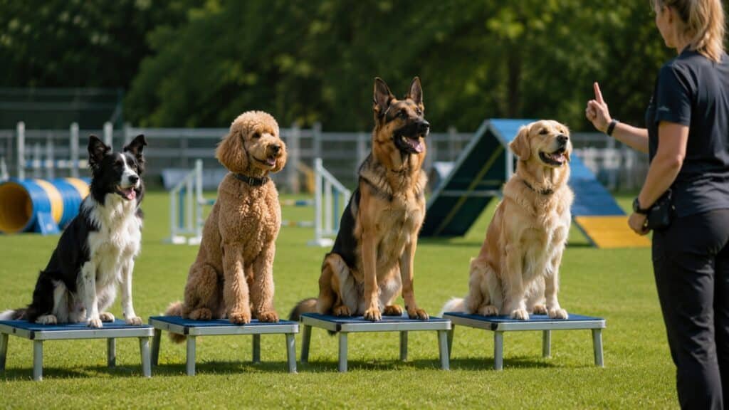 Highly intelligent dog breeds during obedience and agility training.