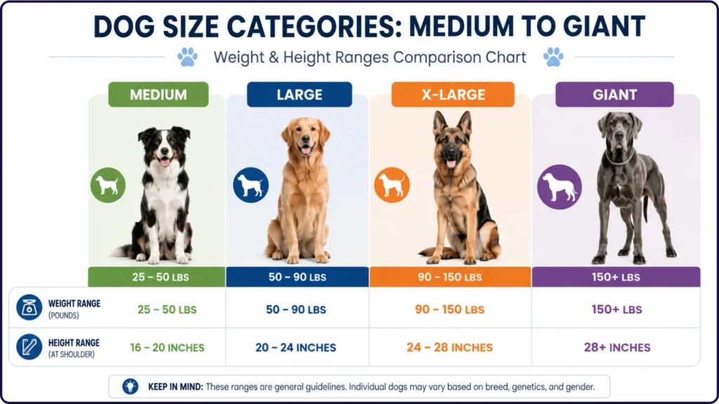 Big dog breeds size comparison chart showing large vs giant breed weight and height ranges