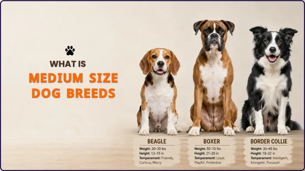 Medium size dog breeds comparison showing Beagle Boxer and Border Collie