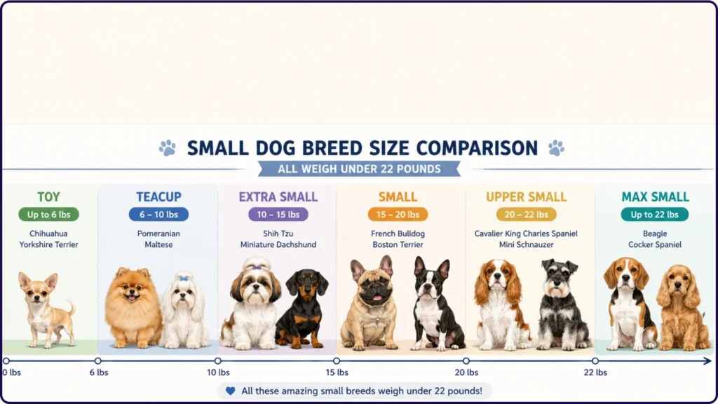 Small dog breed size comparison chart showing weights under 22 pounds
